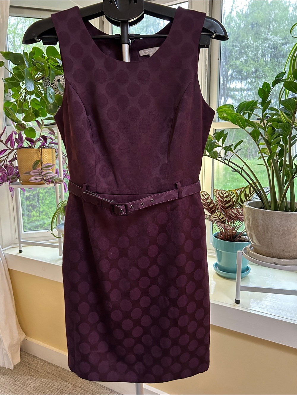Sleeveless Plum Dot Sheath Dress with Belt